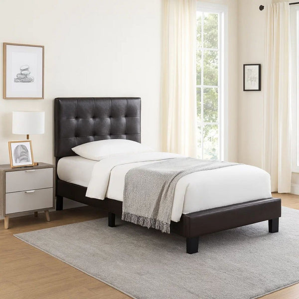 Full Leatherette Bed with Checkered Tufted Headboard, Dark Brown - BM232011