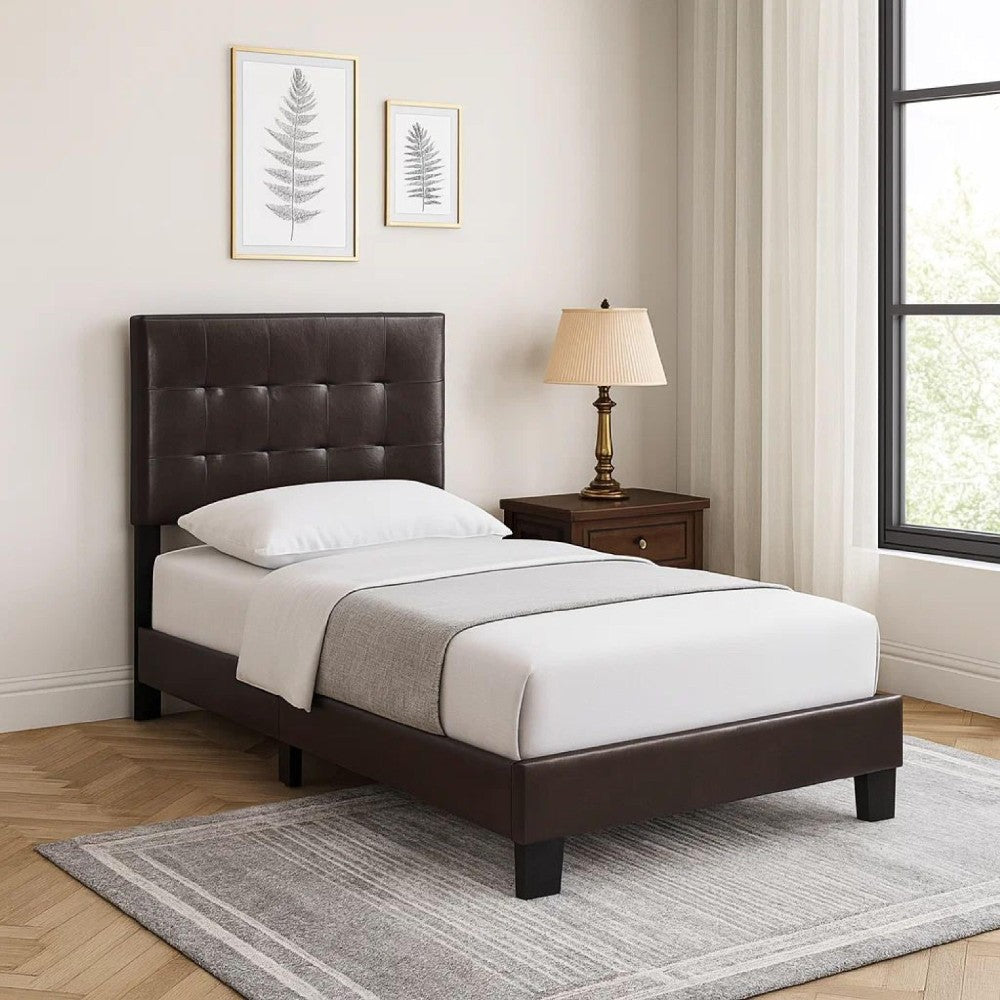 Full Leatherette Bed with Checkered Tufted Headboard, Dark Brown - BM232011