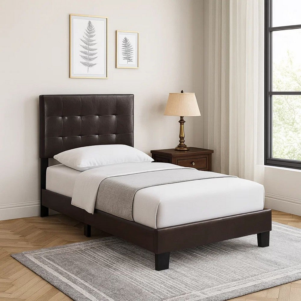 Full Leatherette Bed with Checkered Tufted Headboard, Dark Brown - BM232011