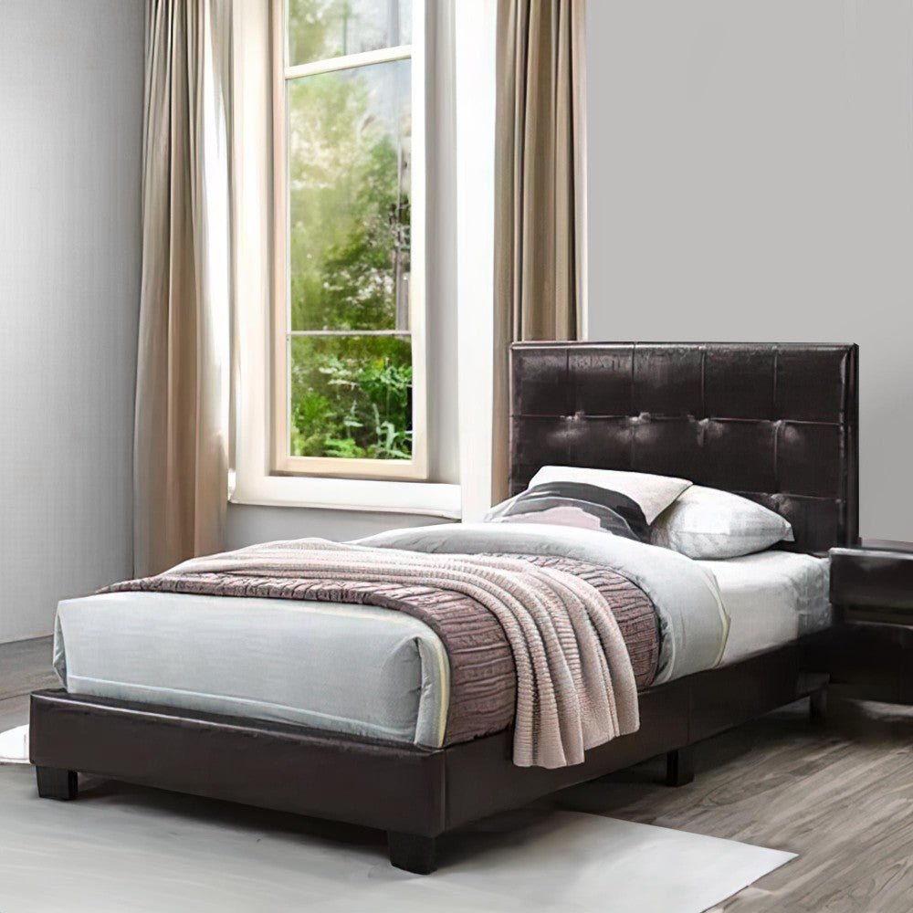 Queen Leatherette Bed with Checkered Tufted Headboard, Dark Brown - BM232012