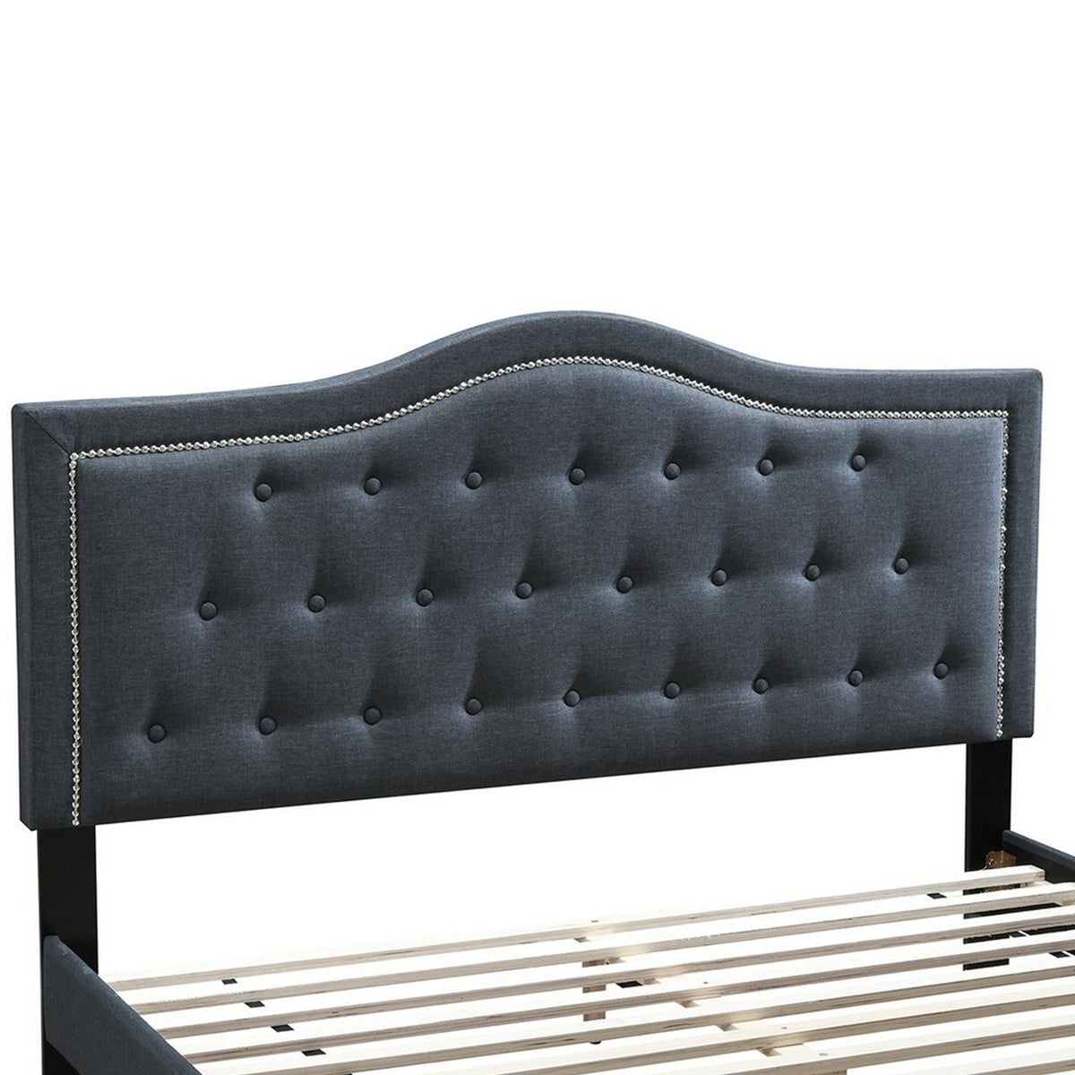 Button Tufted Queen Burlap Bed with Curved Headboard, Charcoal Gray - BM232021