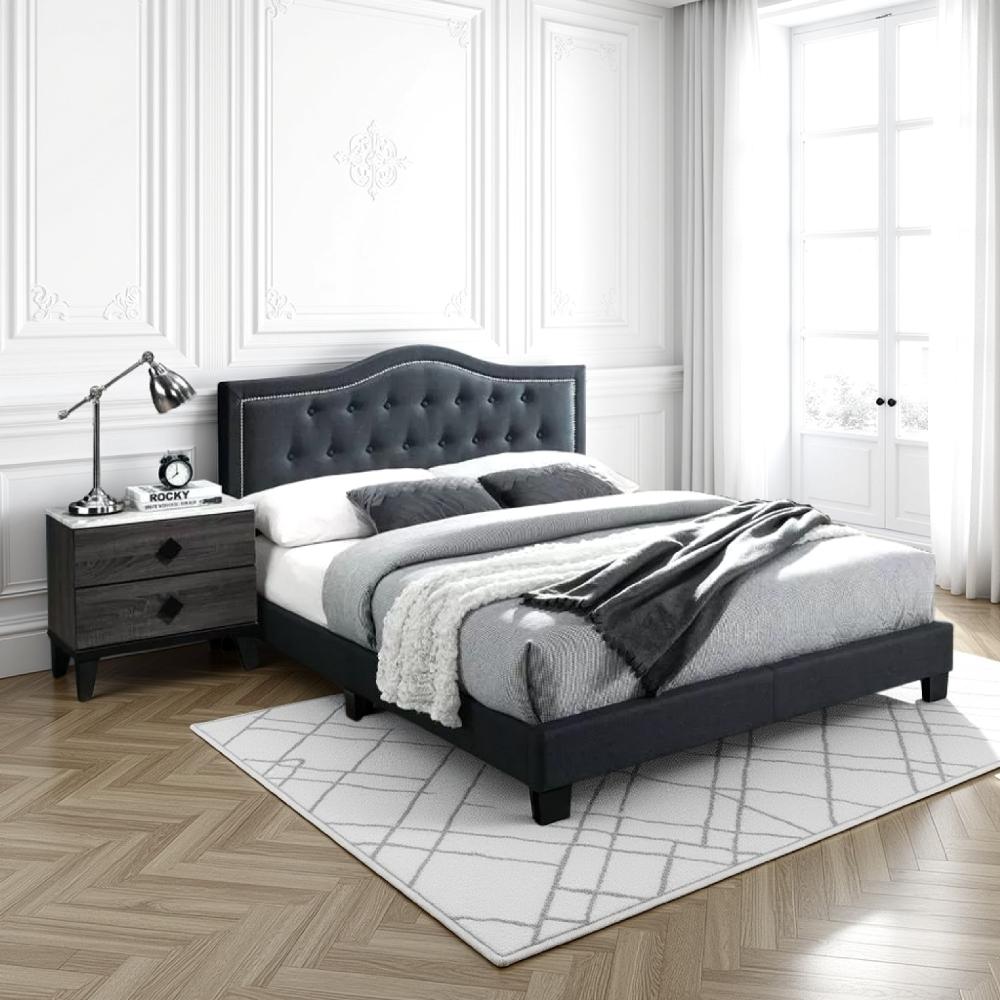 Button Tufted Queen Burlap Bed with Curved Headboard, Charcoal Gray - BM232021