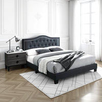 Button Tufted Queen Burlap Bed with Curved Headboard, Charcoal Gray - BM232021
