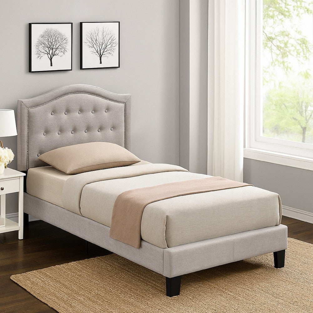 Button Tufted Twin Burlap Bed with Curved Headboard, Light Brown - BM232022