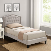 Button Tufted Twin Burlap Bed with Curved Headboard, Light Brown - BM232022