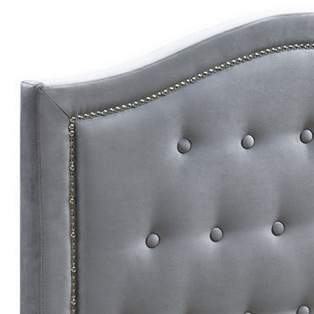 Button Tufted Twin Velvet Bed with Curved Headboard, Gray - BM232025