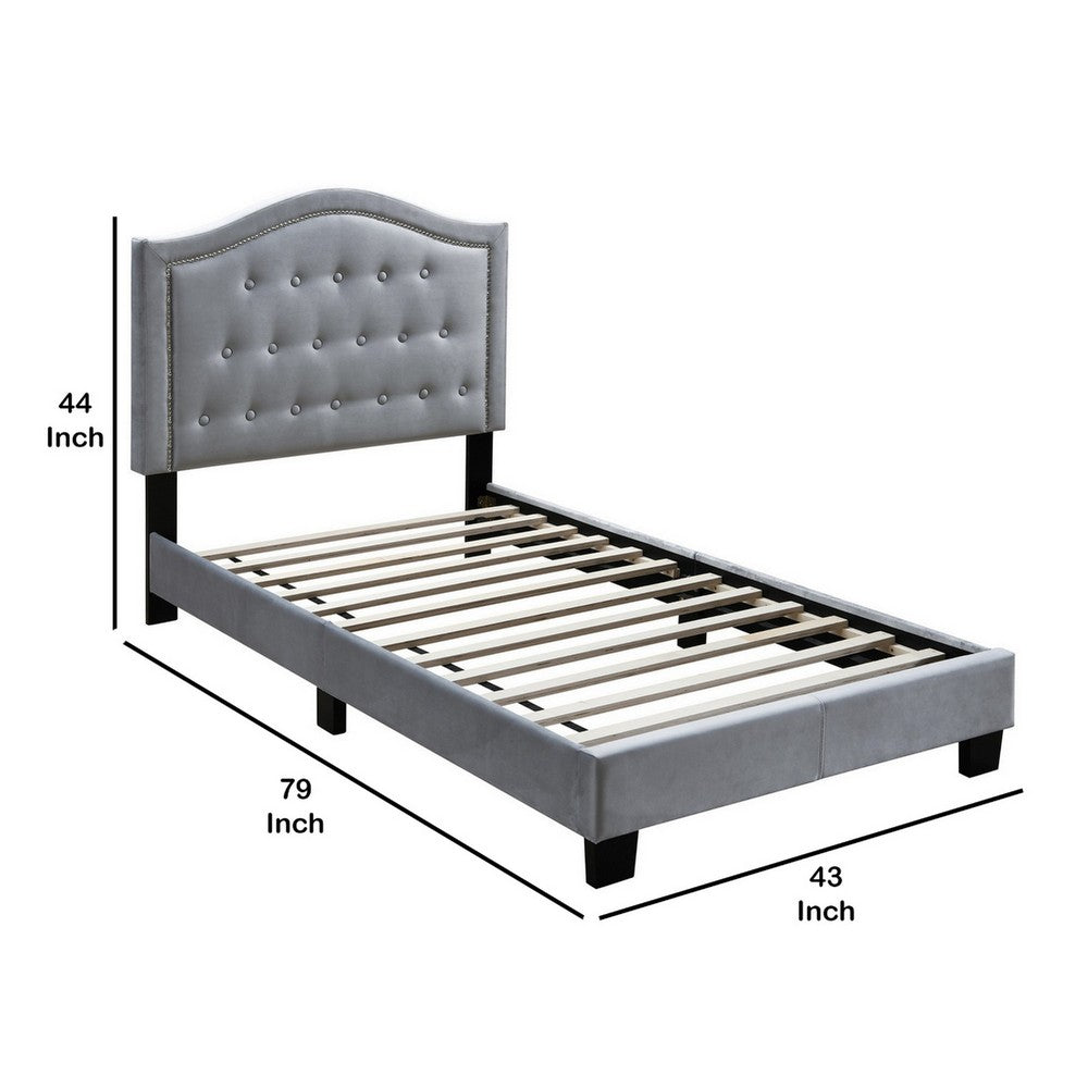 Button Tufted Twin Velvet Bed with Curved Headboard, Gray - BM232025