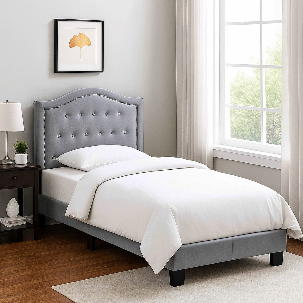 Button Tufted Twin Velvet Bed with Curved Headboard, Gray - BM232025