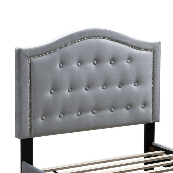 Button Tufted Full Velvet Bed with Curved Headboard, Gray - BM232026