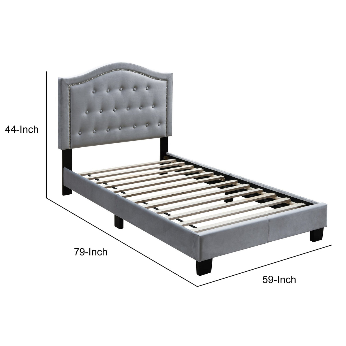 Button Tufted Full Velvet Bed with Curved Headboard, Gray - BM232026