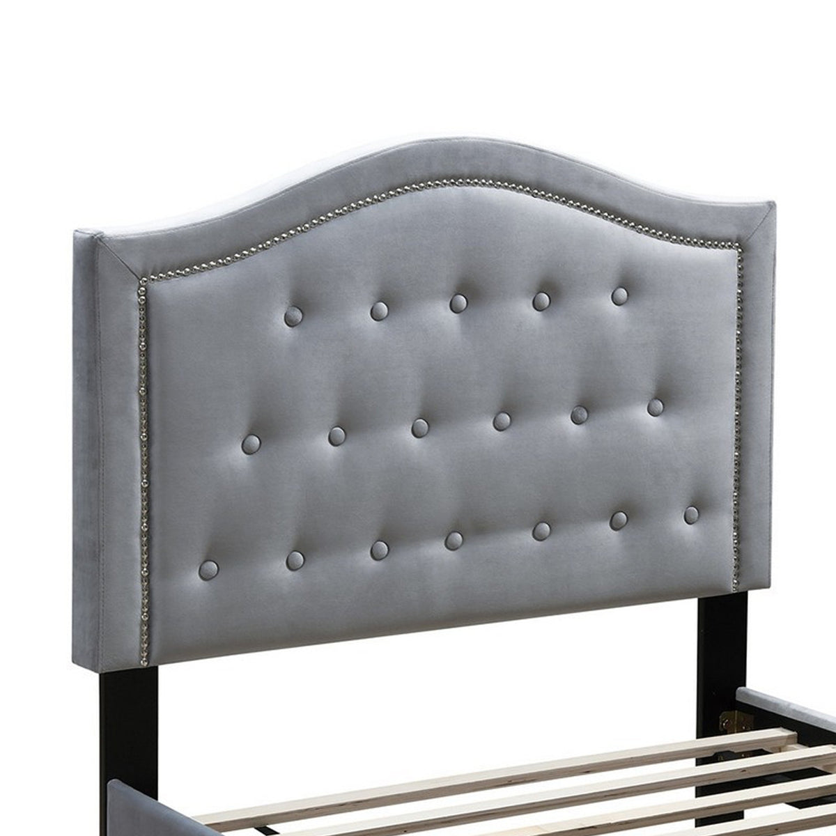 Button Tufted Queen Velvet Bed with Curved Headboard, Gray - BM232027