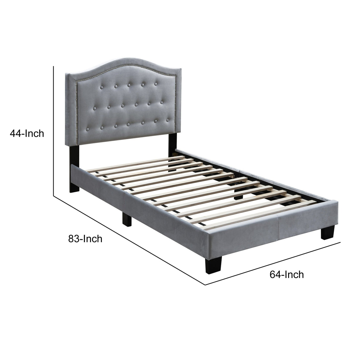 Button Tufted Queen Velvet Bed with Curved Headboard, Gray - BM232027
