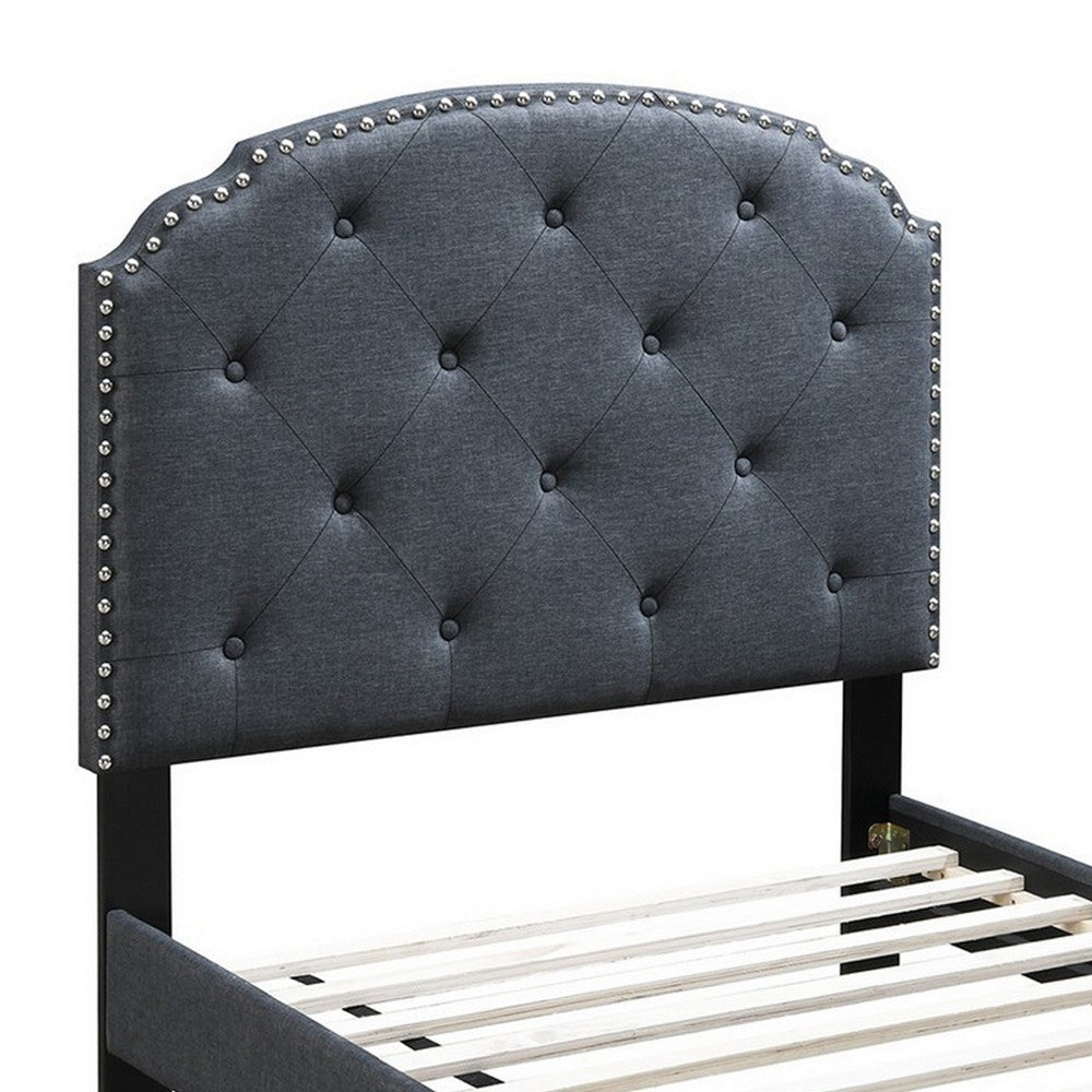 Twin Bed with Button Tufted Scalloped Headboard, Gray - BM232028