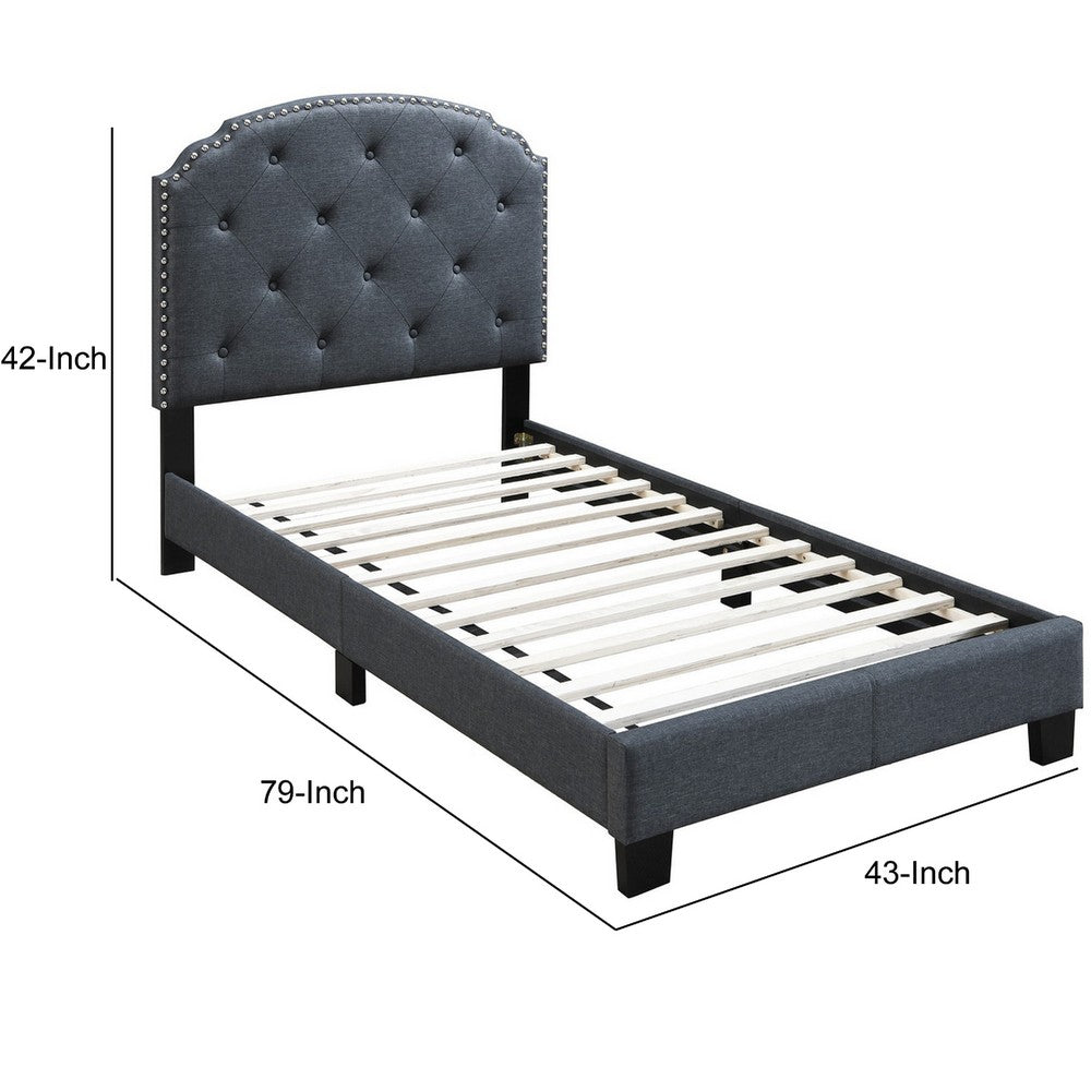 Twin Bed with Button Tufted Scalloped Headboard, Gray - BM232028