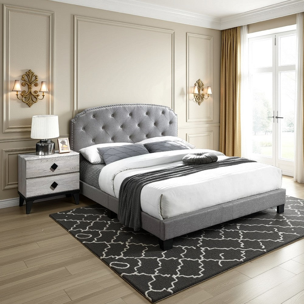 Full Bed with Button Tufted Scalloped Headboard, Light Gray - BM232032