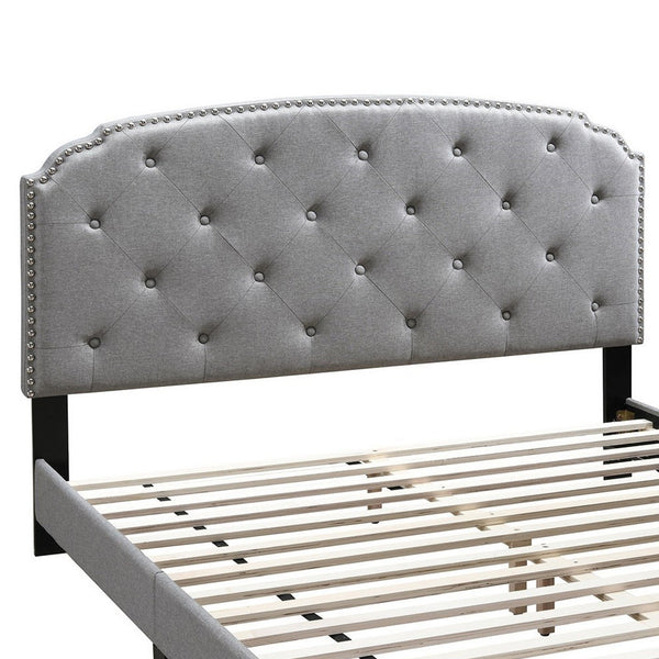 Queen Bed with Button Tufted Scalloped Headboard, Light Gray - BM232033