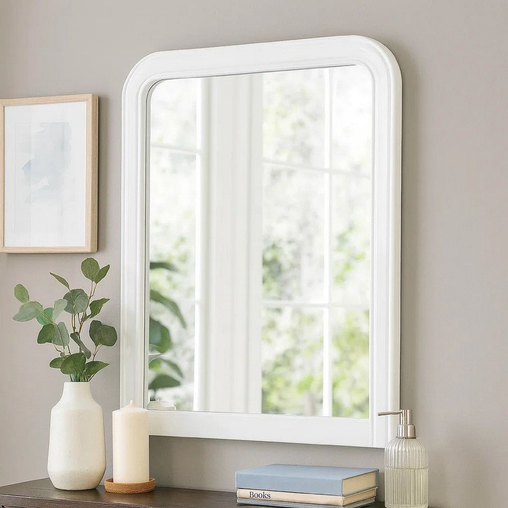 37 Inches Wooden Mirror with Curved Edges, White - BM232117