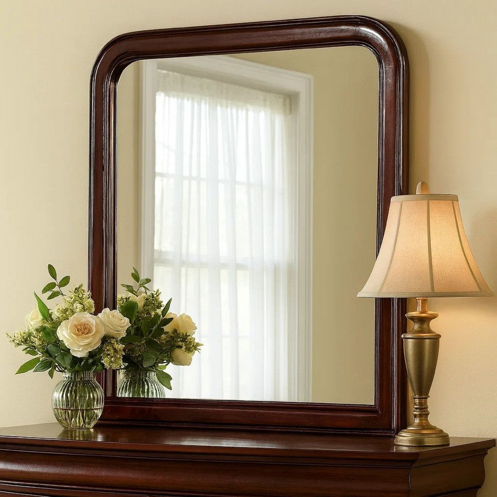 37 Inches Wooden Mirror with Curved Edges, Brown - BM232118