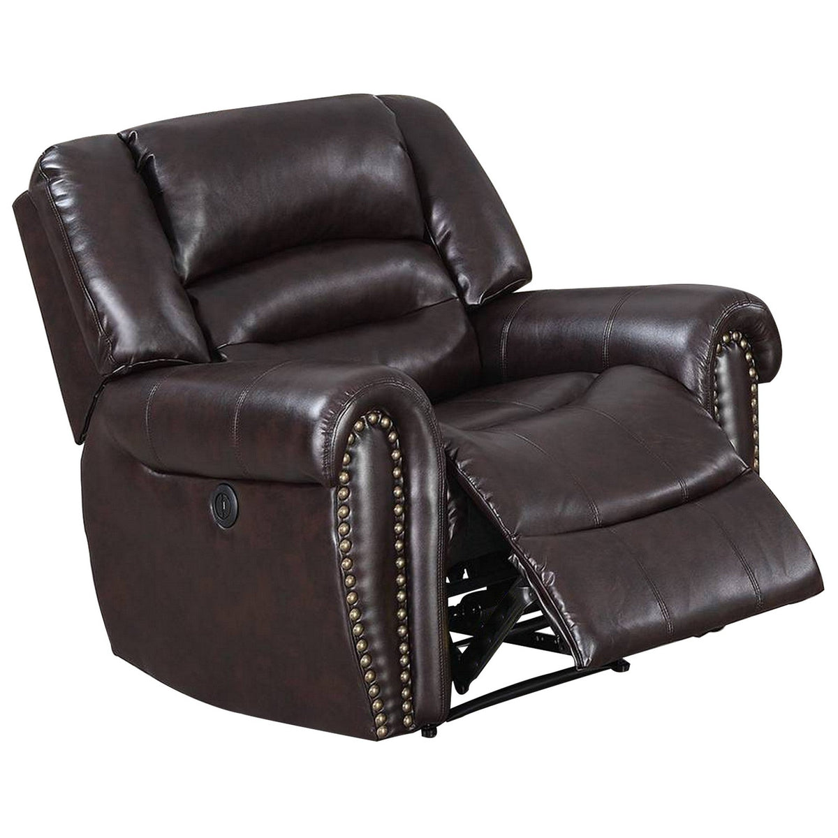 Nailhead Trim Leatherette Power Recliner, Brown - BM232138