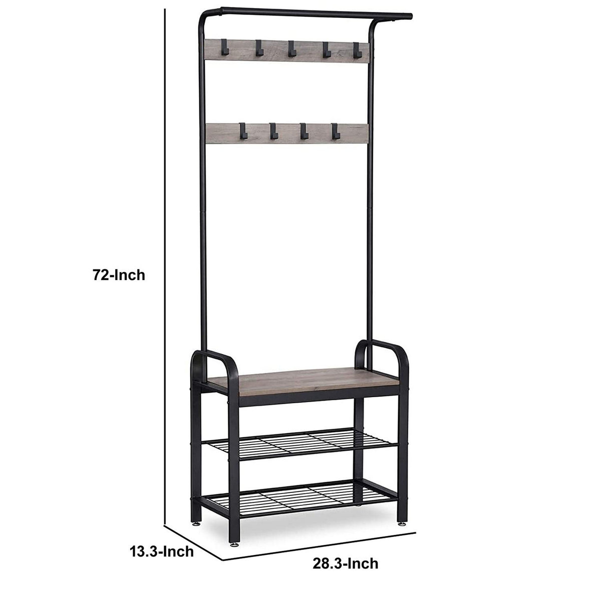 72 Inch Metal Frame Hall Tree with 9 Hooks, Brown and Black - BM232209