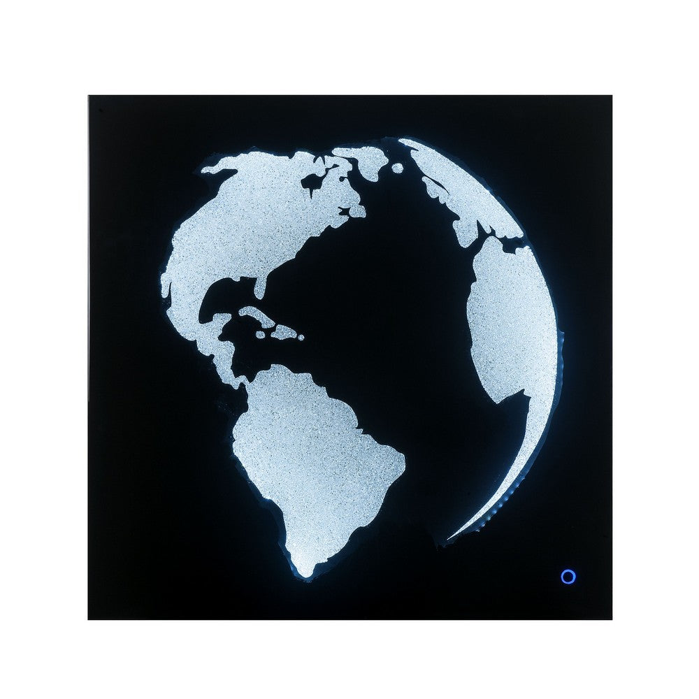 Rectangular World Wall Art with LED, Black and Silver - BM232520