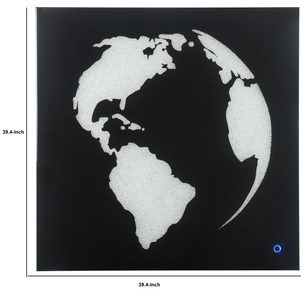 Rectangular World Wall Art with LED, Black and Silver - BM232520
