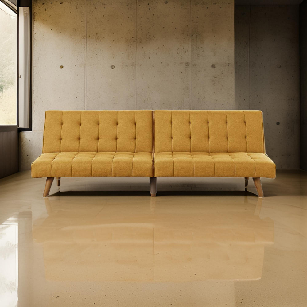 Fabric Adjustable Sofa with Tufted Details and Splayed Legs, Yellow - BM232613