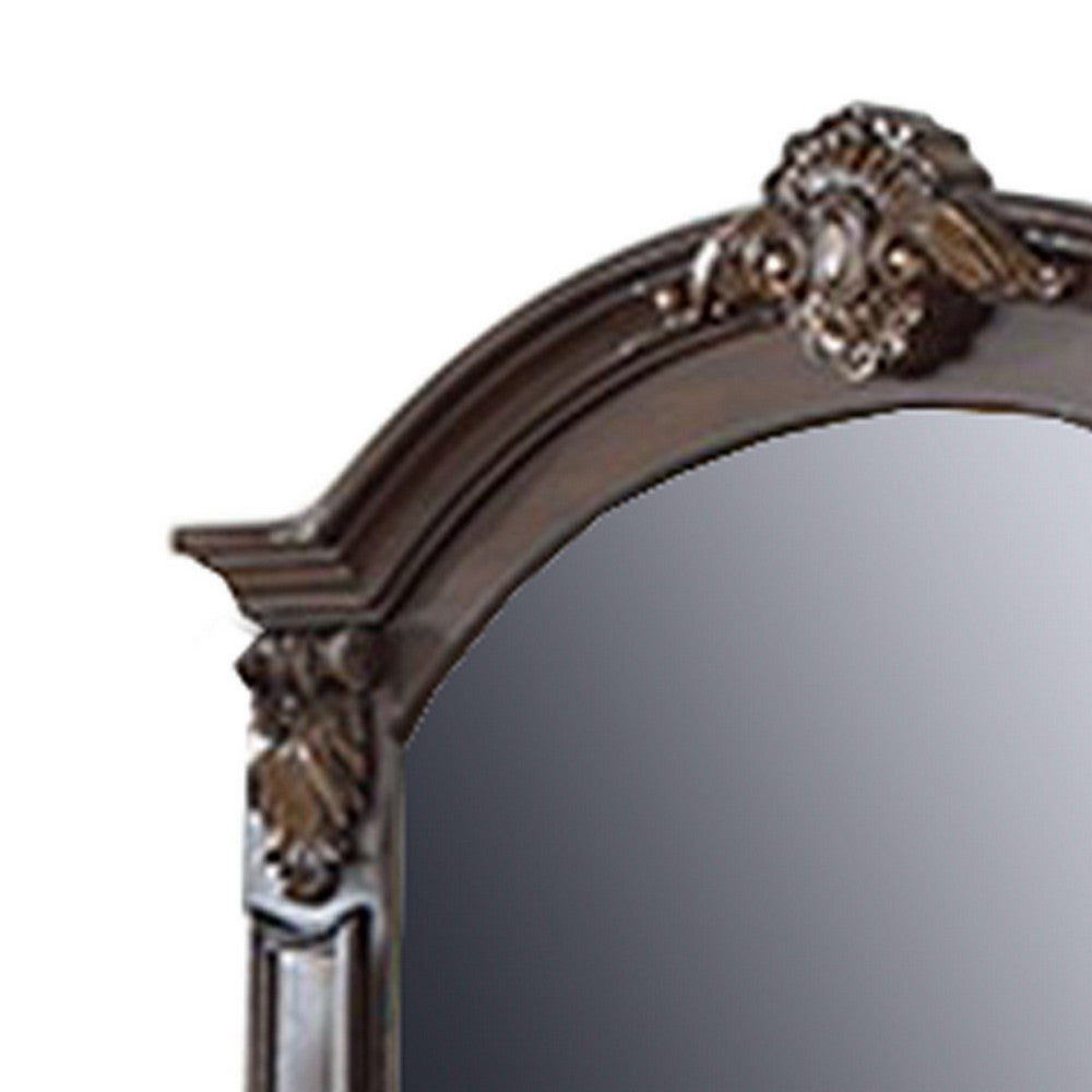 Scalloped Crown Top Wooden Frame Wall Mirror with Molded Details, Brown - BM232649