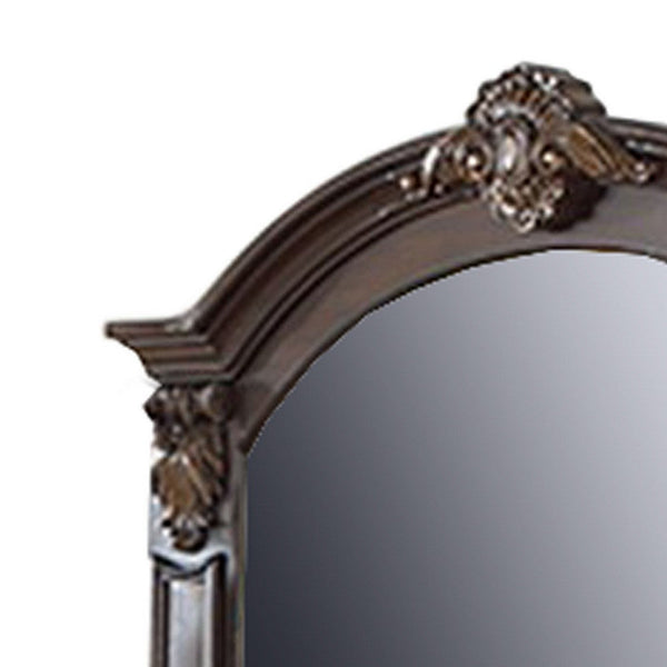 Scalloped Crown Top Wooden Frame Wall Mirror with Molded Details, Brown - BM232649