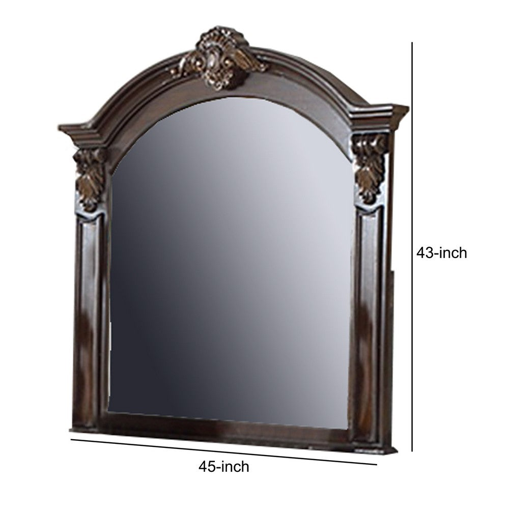 Scalloped Crown Top Wooden Frame Wall Mirror with Molded Details, Brown - BM232649