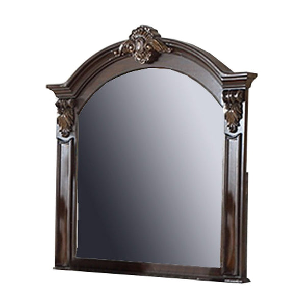 Scalloped Crown Top Wooden Frame Wall Mirror with Molded Details, Brown - BM232649