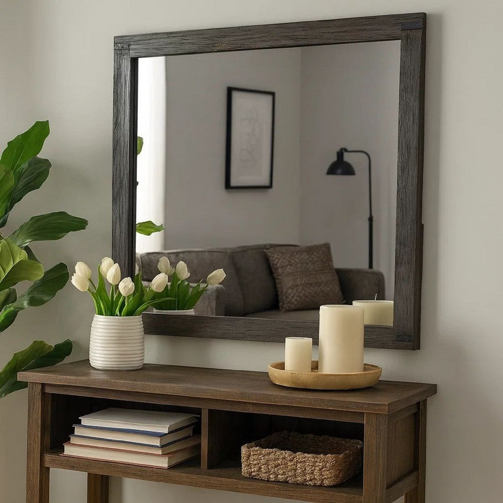 Wall Mirror with Rectangular Frame and Natural Wood Grain Details, Dark Brown - BM232680