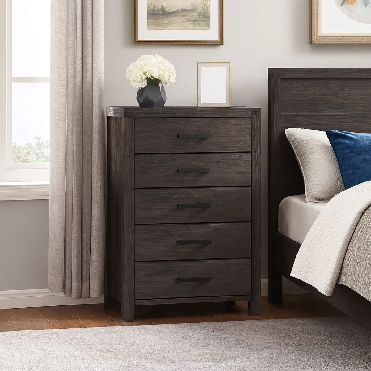 Wooden Chest with Metal Bar Handles and Five Drawers, Dark Brown  - BM232681