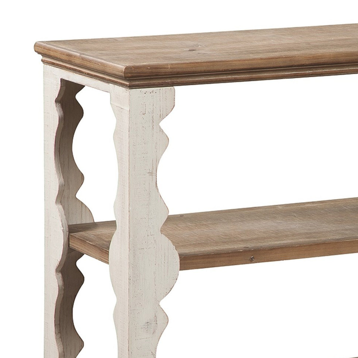 Traditional Style Console Sofa Table with Scalloped Design, White and Brown - BM232961