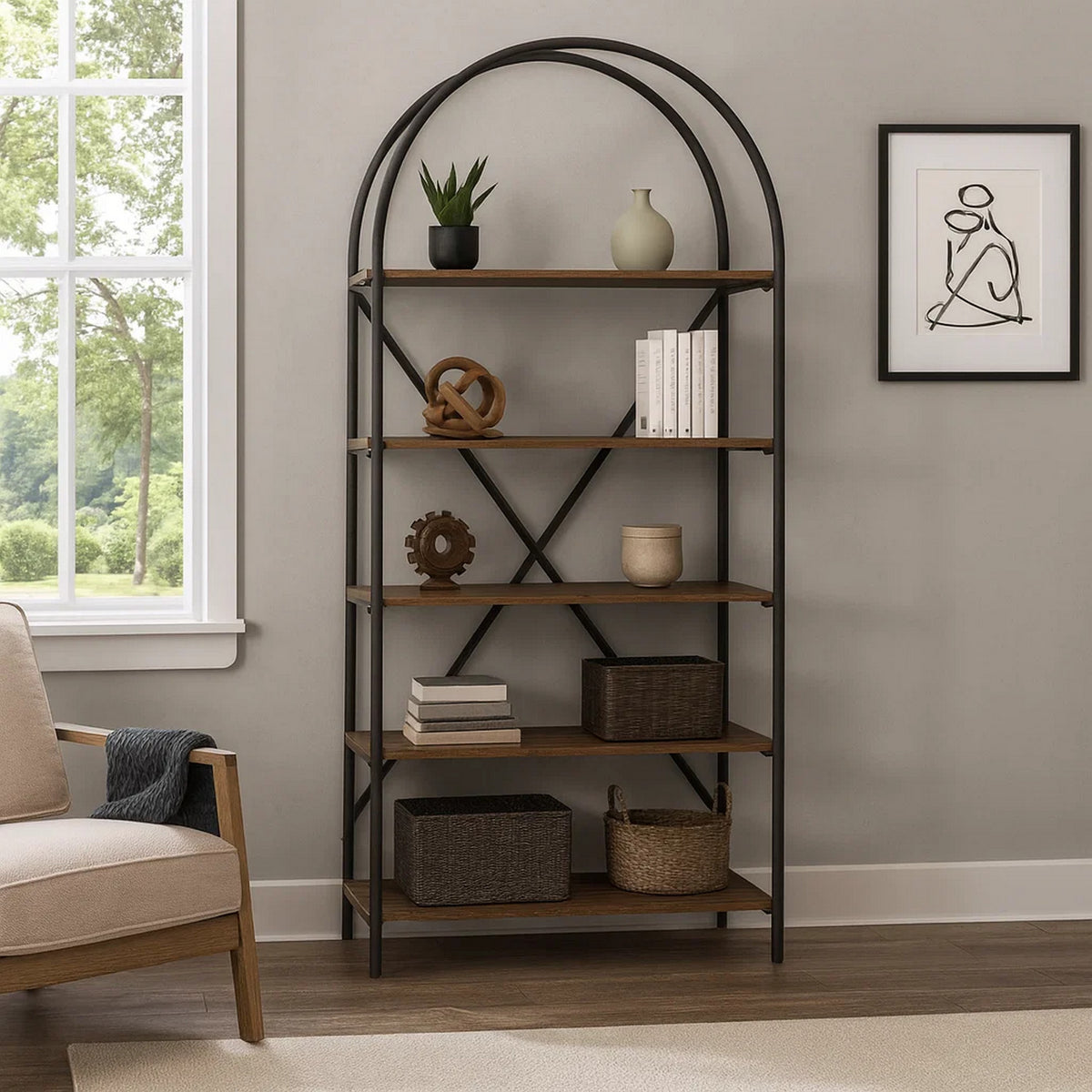 Tubular Framed Bookcase with 5 open Shelves, Brown and Black  - BM232963
