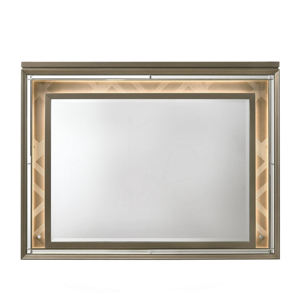 Contemporary Wall Mirror with LED and Accent Details, Gold and Brown - BM232980