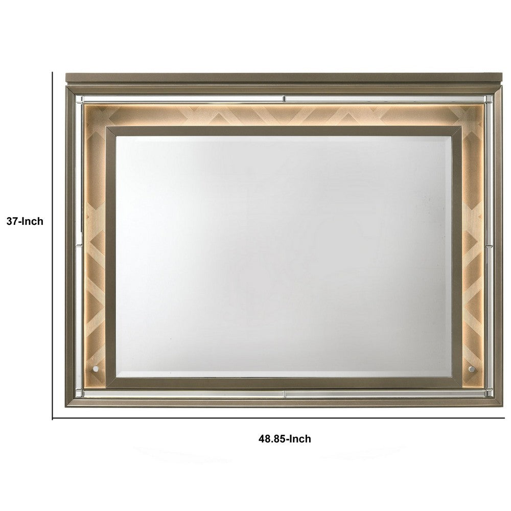Contemporary Wall Mirror with LED and Accent Details, Gold and Brown - BM232980