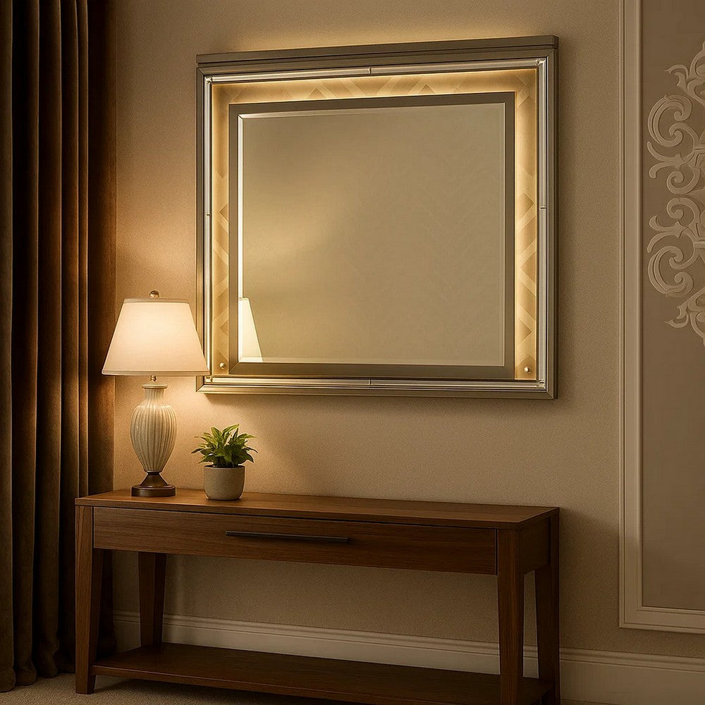 Contemporary Wall Mirror with LED and Accent Details, Gold and Brown - BM232980