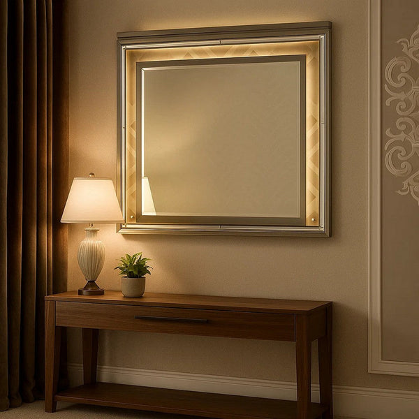 Contemporary Wall Mirror with LED and Accent Details, Gold and Brown - BM232980