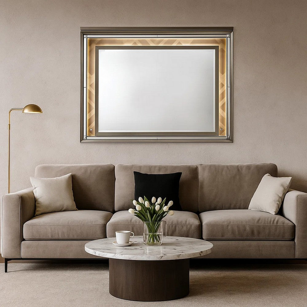 Contemporary Wall Mirror with LED and Accent Details, Gold and Brown - BM232980