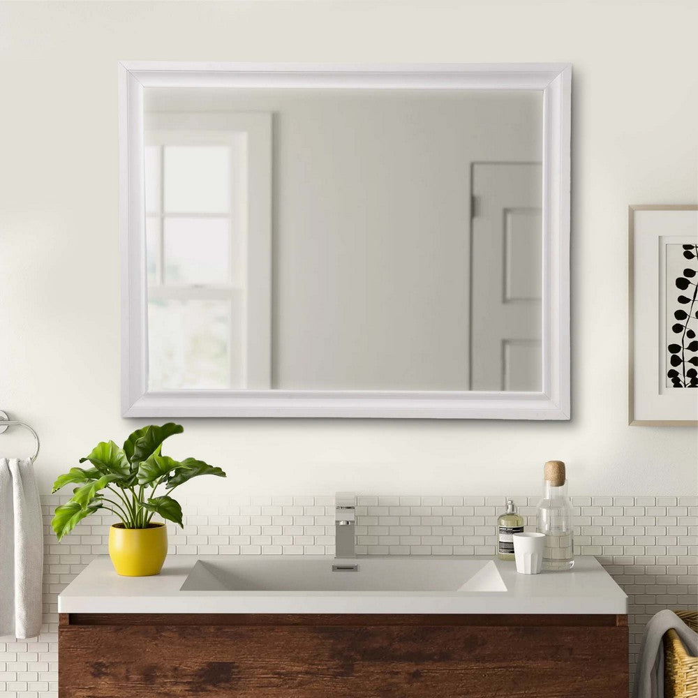 Wooden Rectangular Wall Mirror with Beveled Edges, White - BM232982