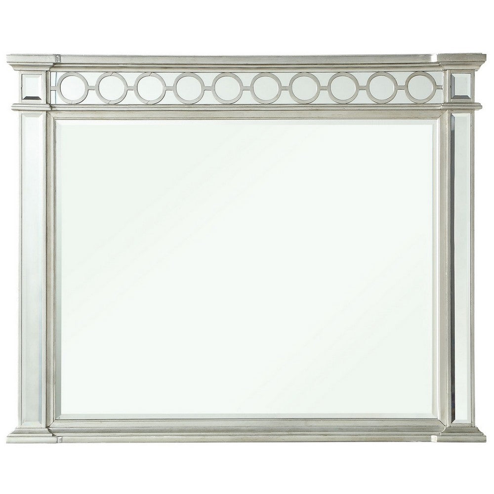 Wooden Raised Geometric Pattern Frame Mirror with Beveled Edges, Silver - BM232985