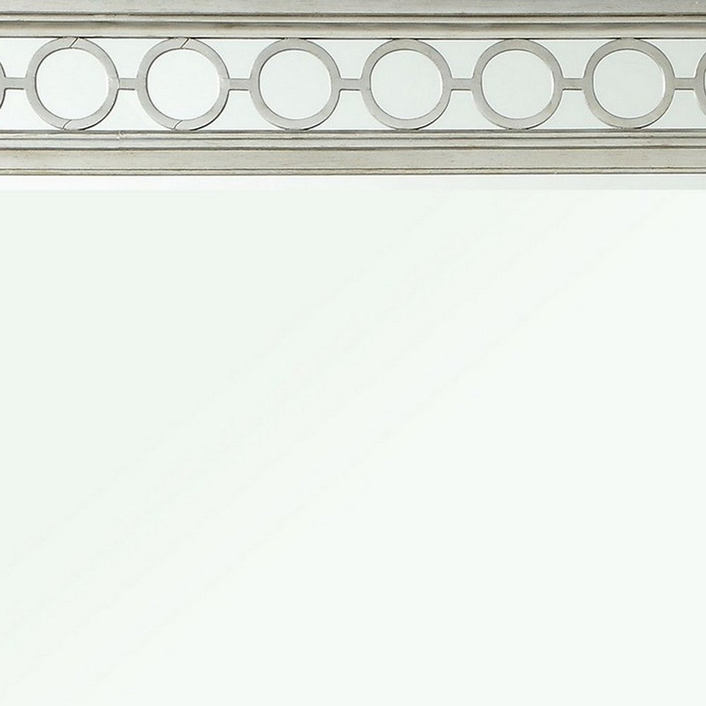 Wooden Raised Geometric Pattern Frame Mirror with Beveled Edges, Silver - BM232985