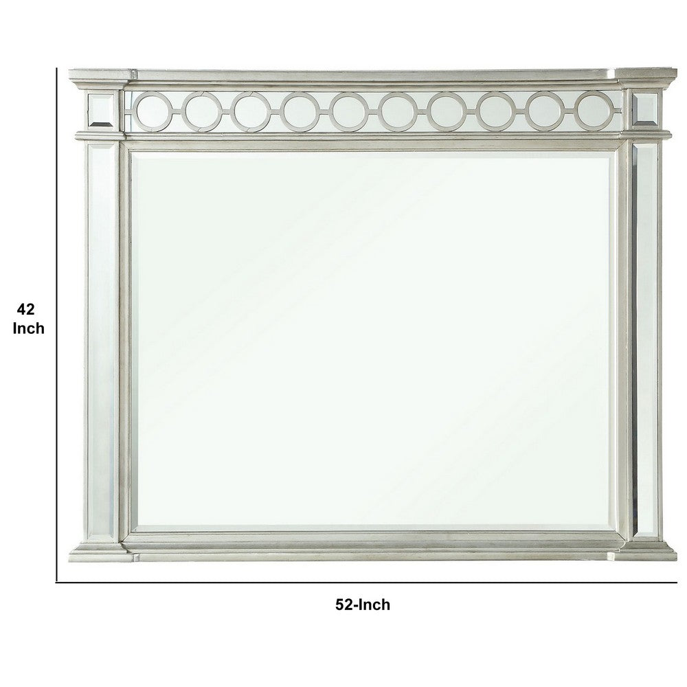 Wooden Raised Geometric Pattern Frame Mirror with Beveled Edges, Silver - BM232985