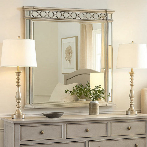 Wooden Raised Geometric Pattern Frame Mirror with Beveled Edges, Silver - BM232985