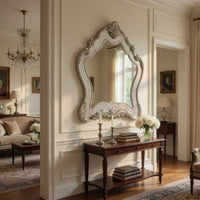 Wooden Arched Wall Mirror with Floral Design, White - BM232987
