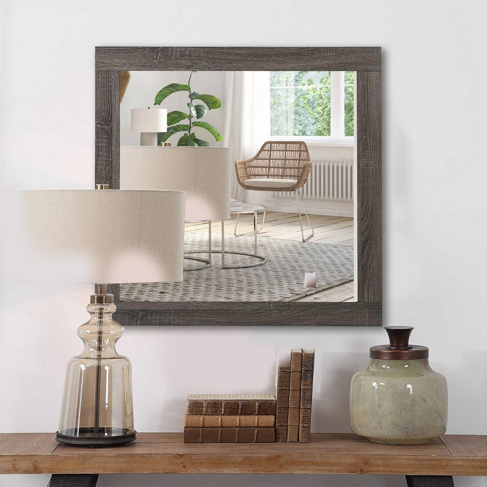 Transitional Style Rectangular Mirror with Natural Wood Grain Details, Gray - BM232991