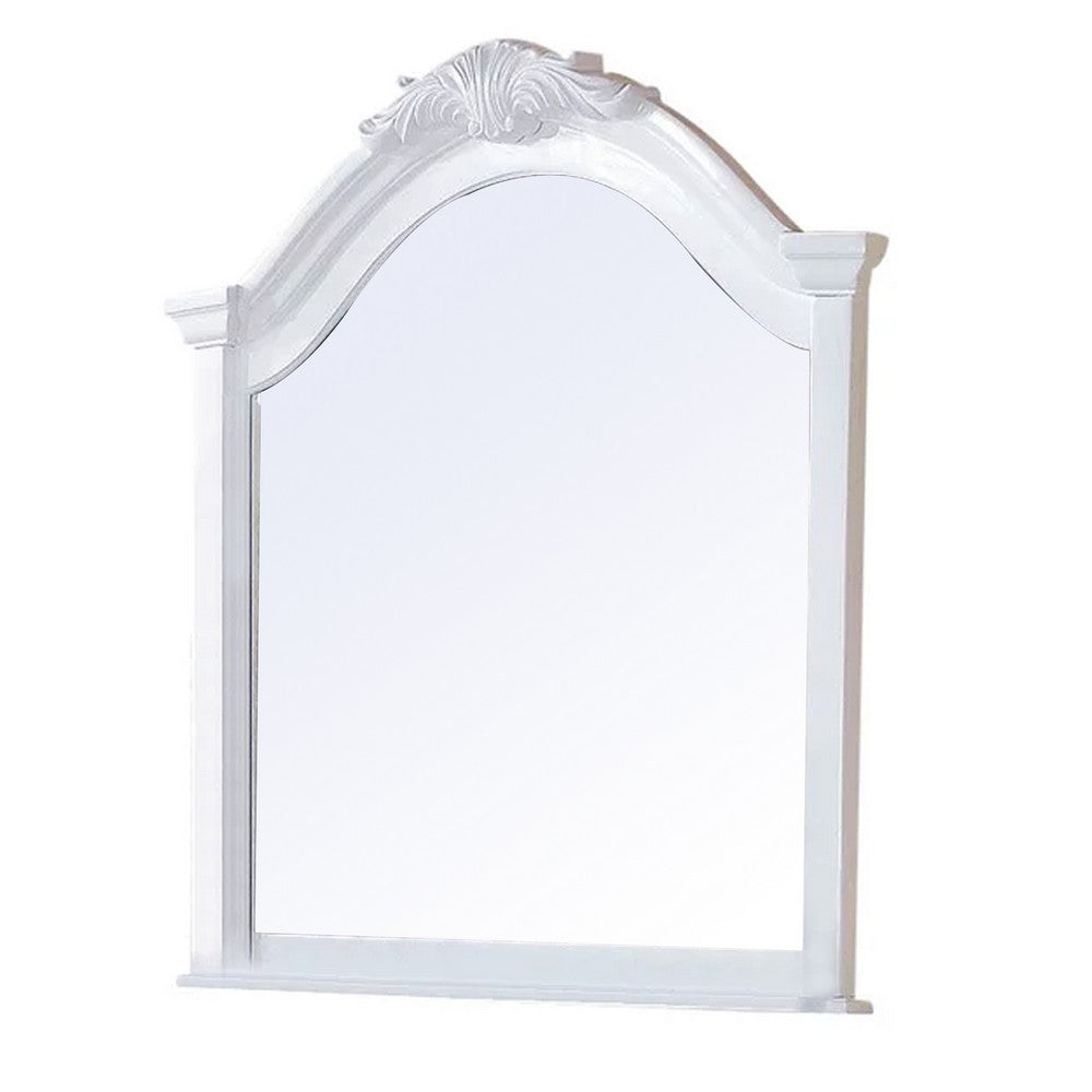 Transitional Style Wooden Wall Mirror with Crown Top, White - BM232998