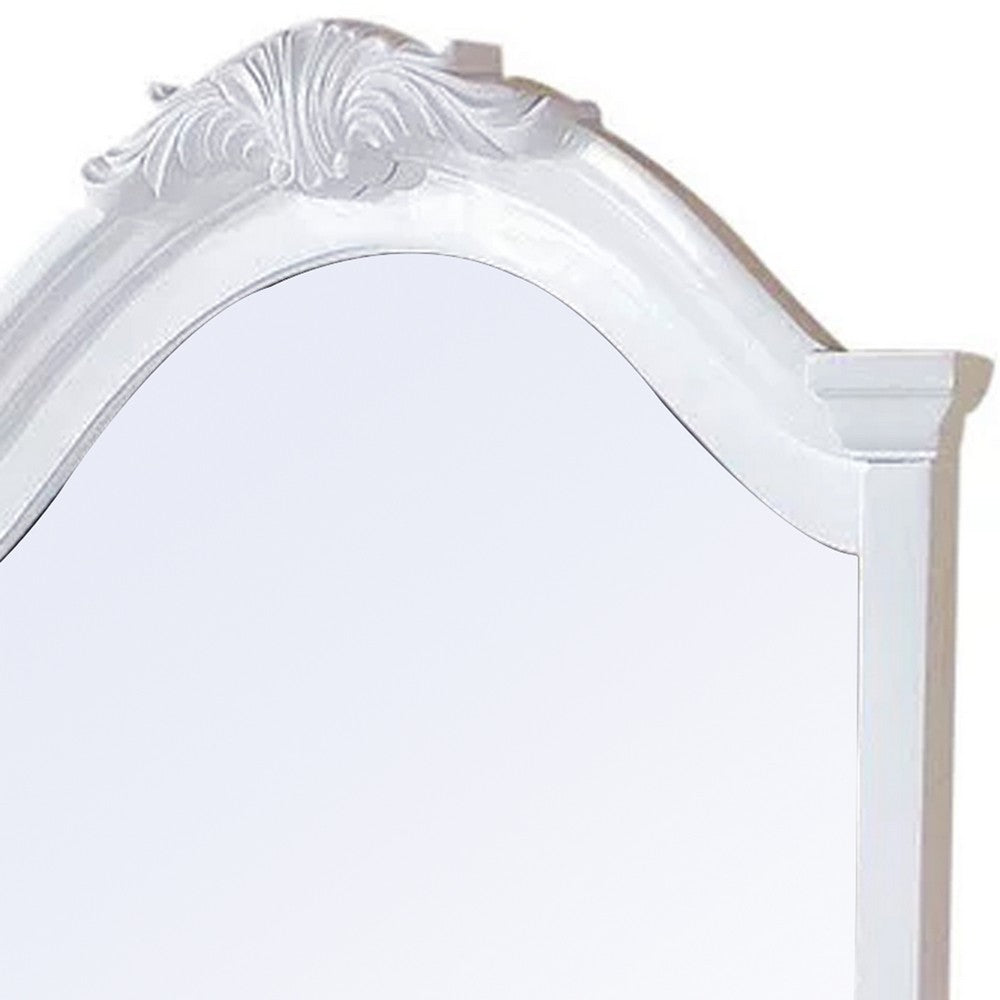Transitional Style Wooden Wall Mirror with Crown Top, White - BM232998