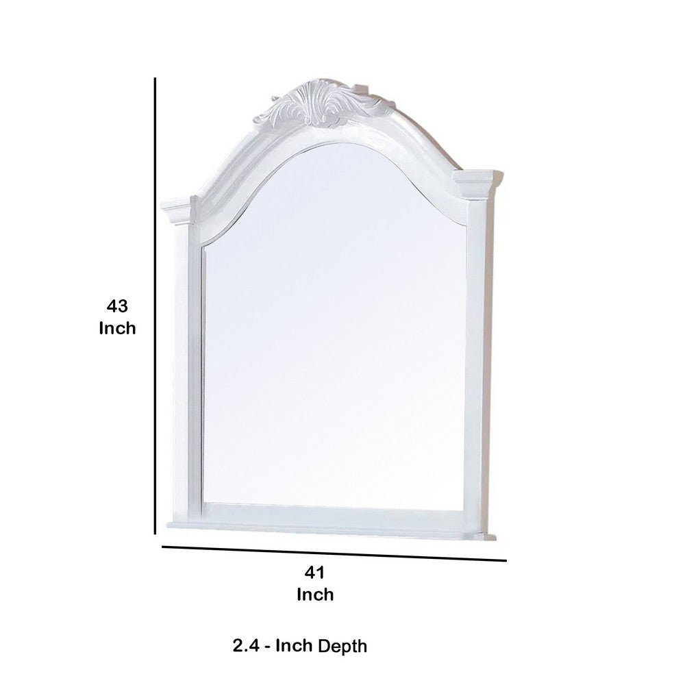 Transitional Style Wooden Wall Mirror with Crown Top, White - BM232998